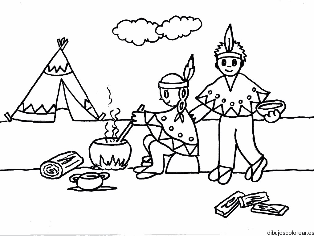 Dibujo de dos niños indios cocinando para colorear