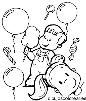 Dibujo de dos niños jugando con globos para colorear