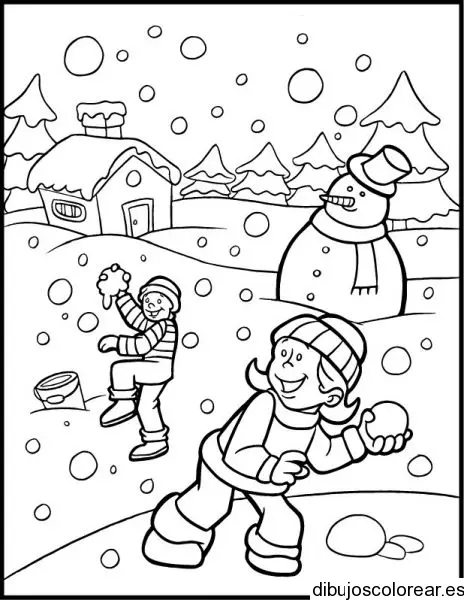 Dibujo de dos niños y el hombre de nieve para colorear