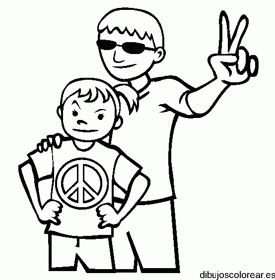 Dibujo de dos niños y el símbolo paz y amor para colorear