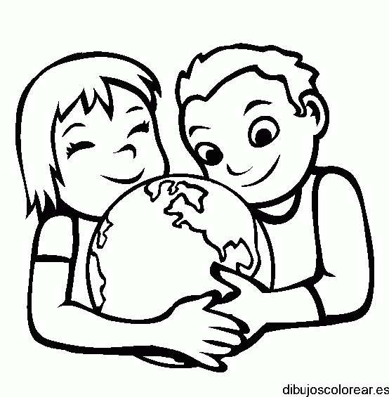 Dibujo de dos niños y un globo terráqueo para colorear