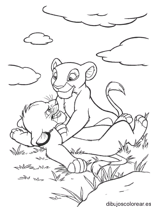 Dibujo de dos pequeños leones jugando para colorear