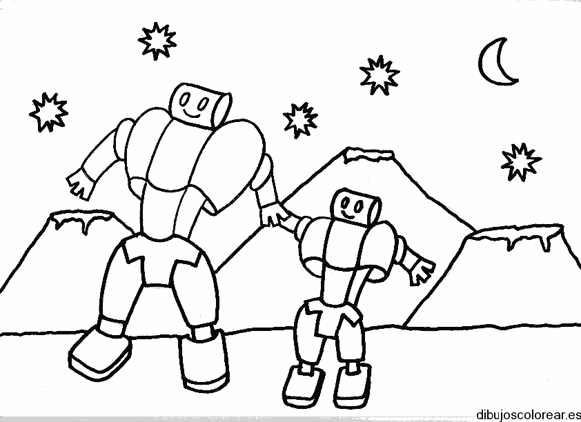 Dibujo de dos robots bajo las estrellas para colorear