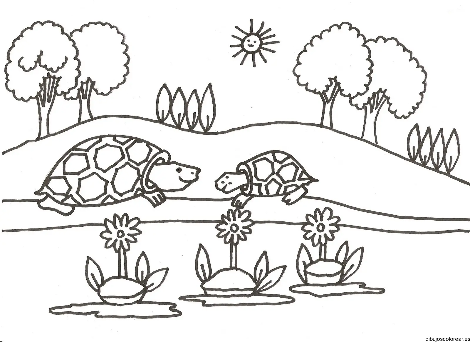 Dibujo de dos tortugas paseando por el parque para colorear