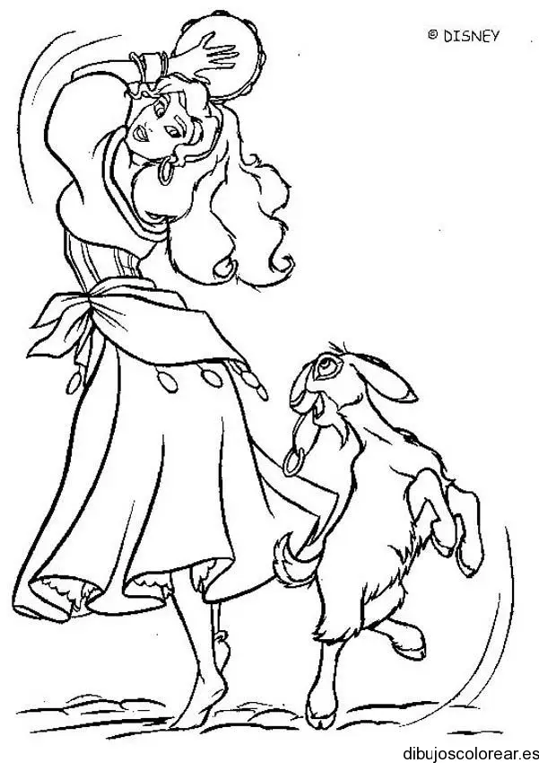 Dibujo de Esmeralda bailando con la cabra Djali para colorear