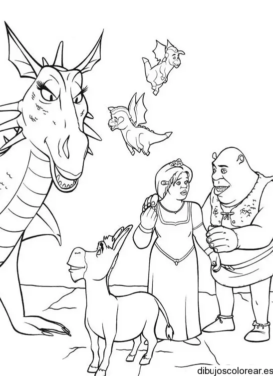 Dibujo de Fiona y Shrek con Burro para colorear