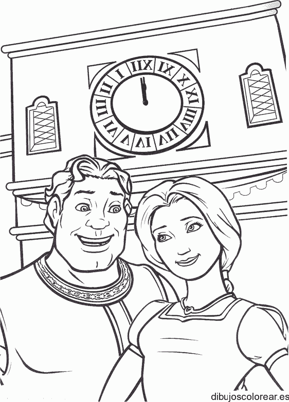 Dibujo de Fiona y Shrek con un reloj para colorear