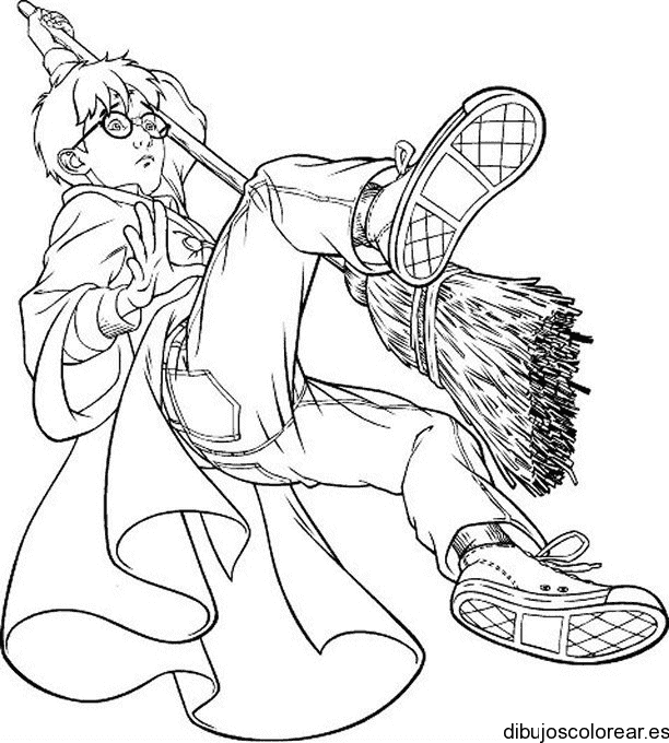 Dibujo de Harry Potter con una escoba para colorear