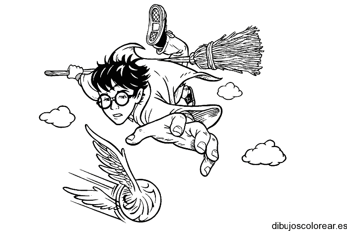 Dibujo de Harry Potter tras unas alas para colorear
