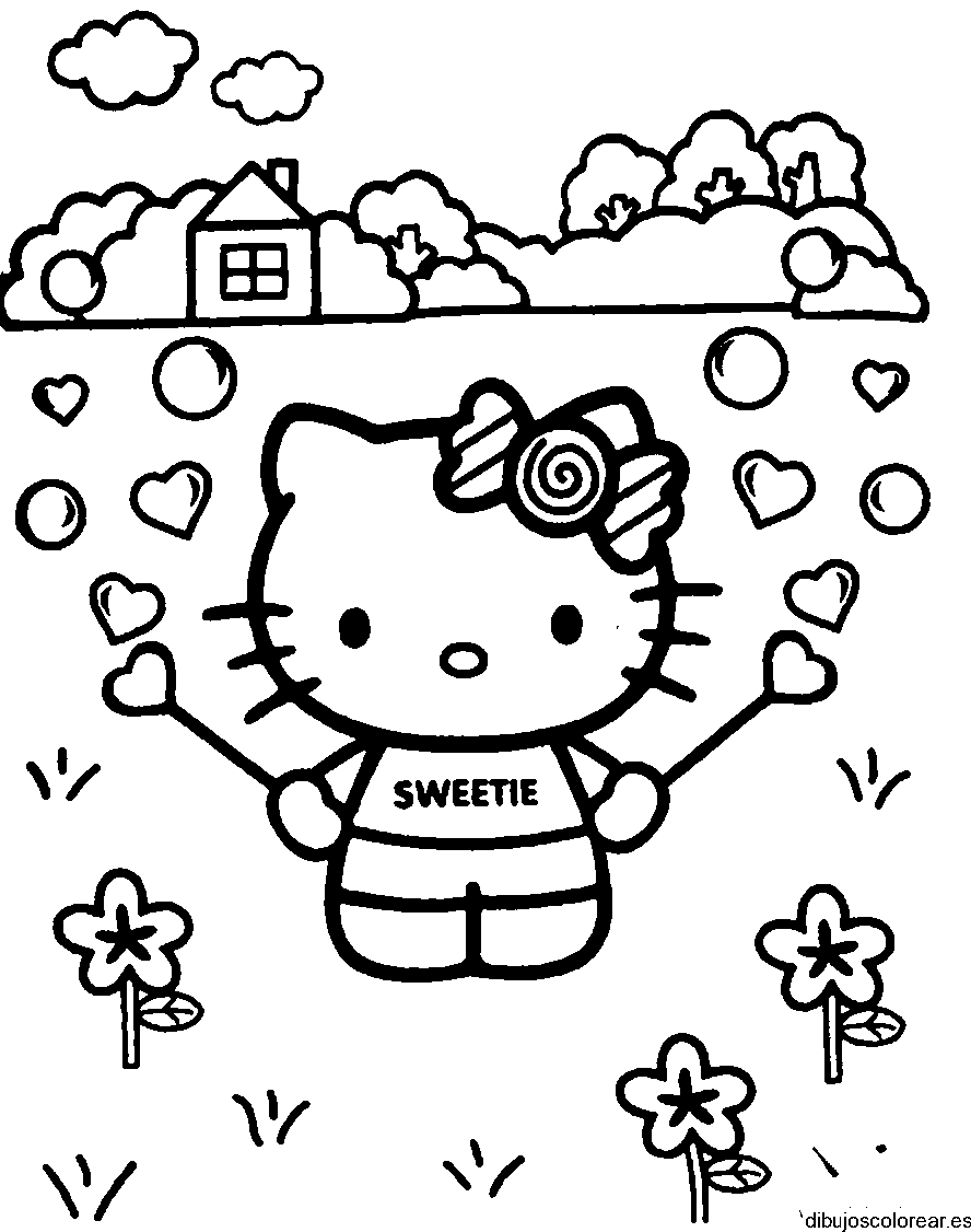 Dibujo de Hello Kitty con corazoncitos para colorear