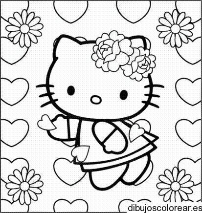 Dibujo de Hello Kitty con flores y corazones para colorear