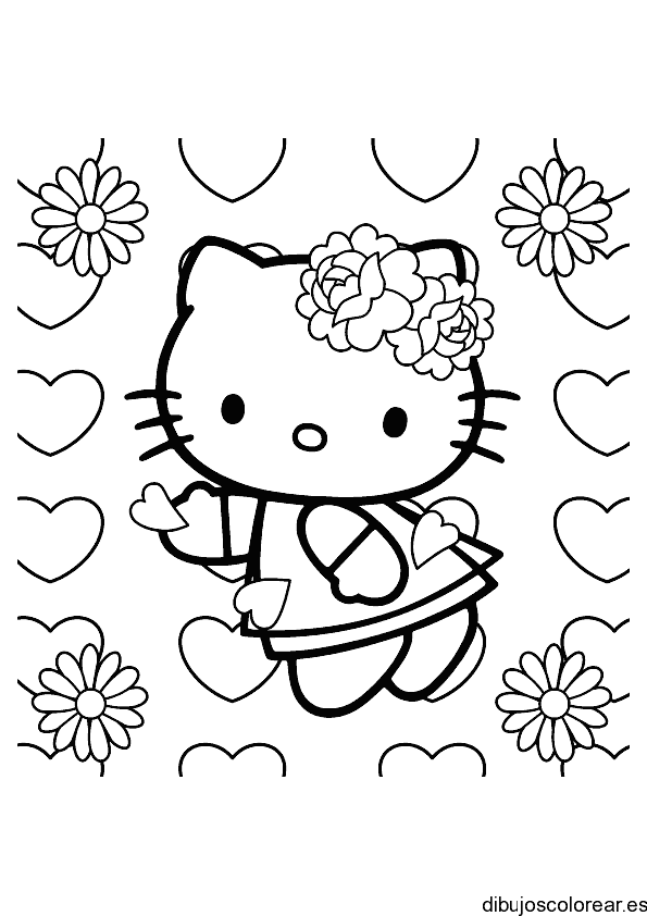Dibujo de Hello Kitty entre corazones y flores para colorear