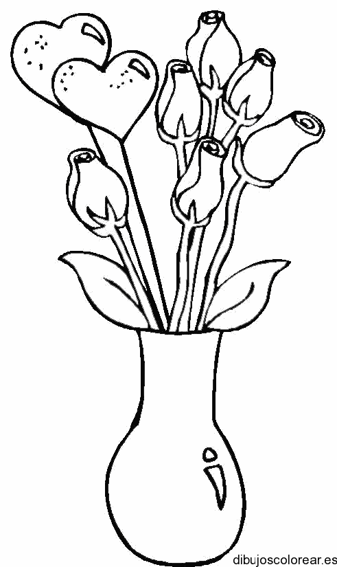 Dibujo de jarrón con corazones y flores para colorear