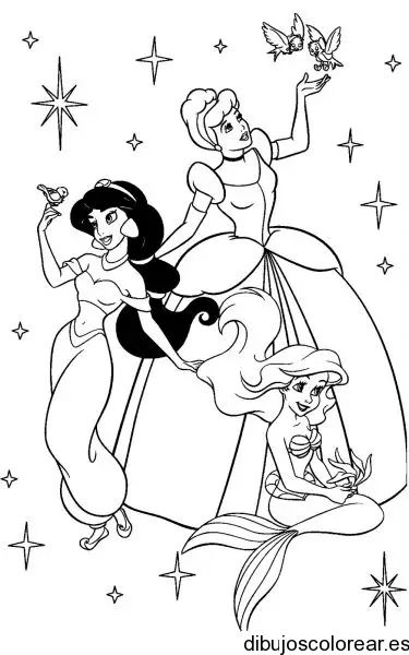 Dibujo de Jazmin, Ariel y Cenicienta para colorear