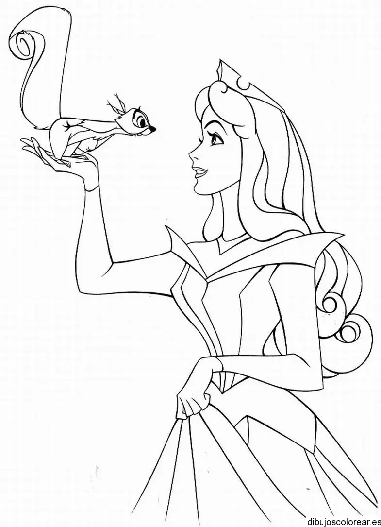 Dibujo de la bella durmiente con una ardilla para colorear
