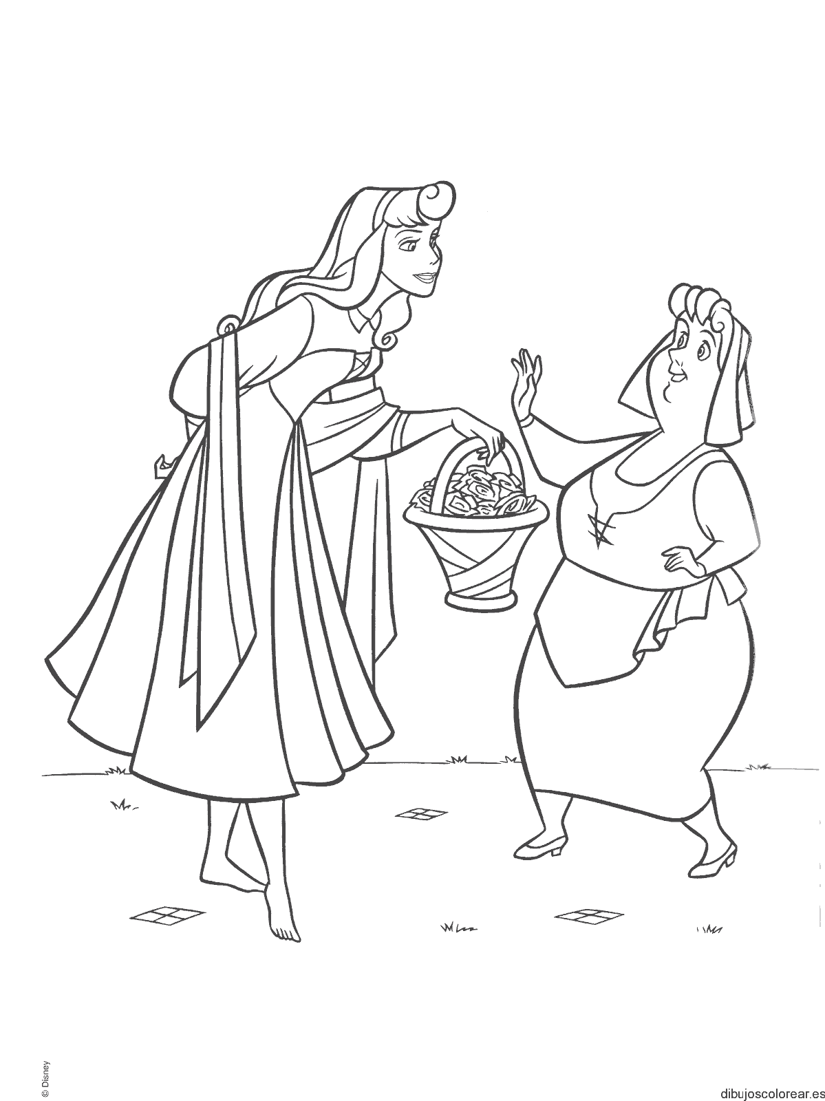 Dibujo de la bella durmiente con una canasta para colorear
