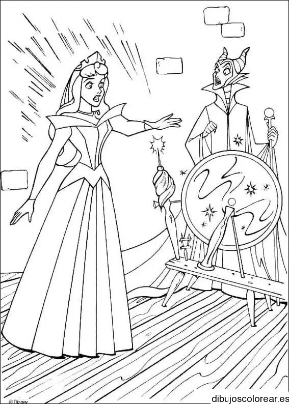 Dibujo de la bella durmiente y la bruja para colorear