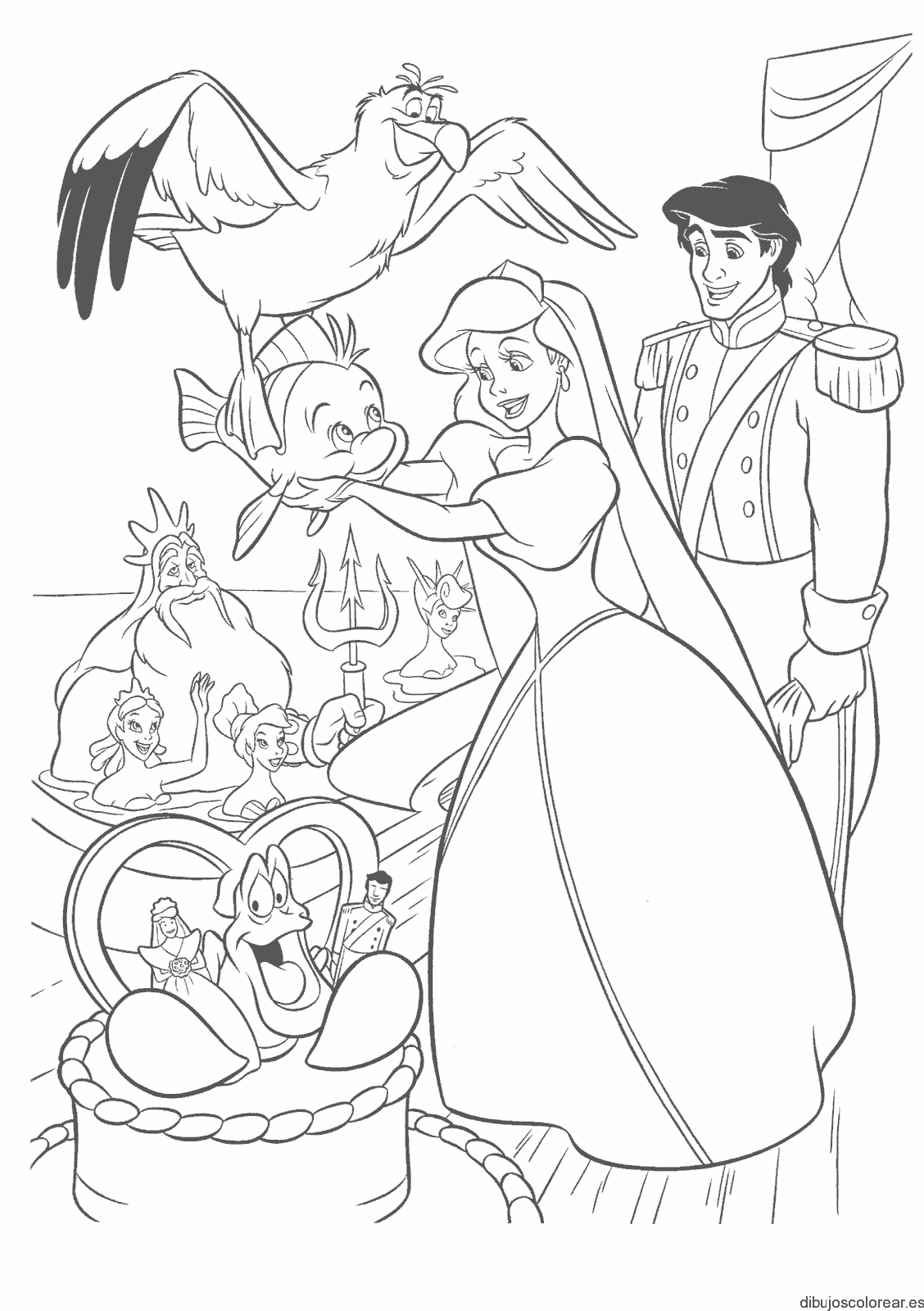 Dibujo de la boda de Ariel y Eric para colorear