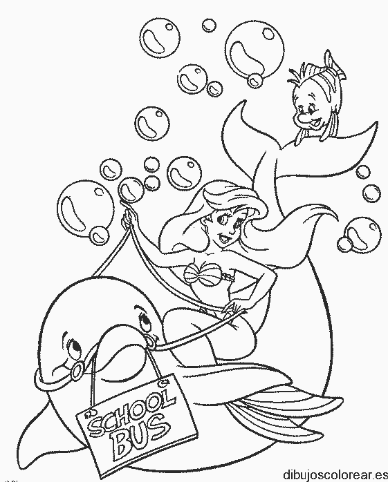Dibujo de La Sirenita con delfines para colorear