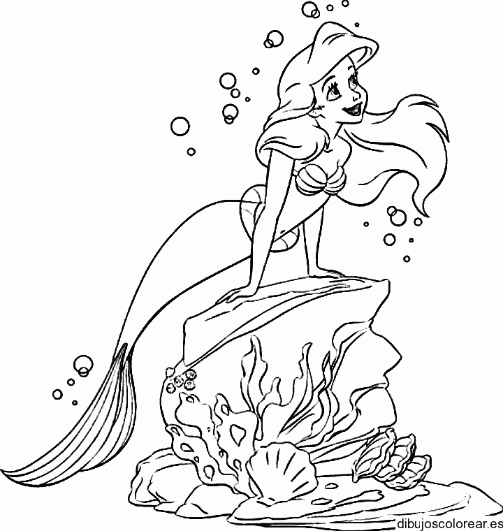 Dibujo de la Sirenita en una roca para colorear