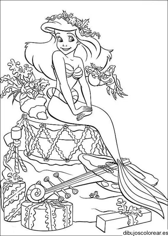 Dibujo de La Sirenita sentada en un tambor para colorear