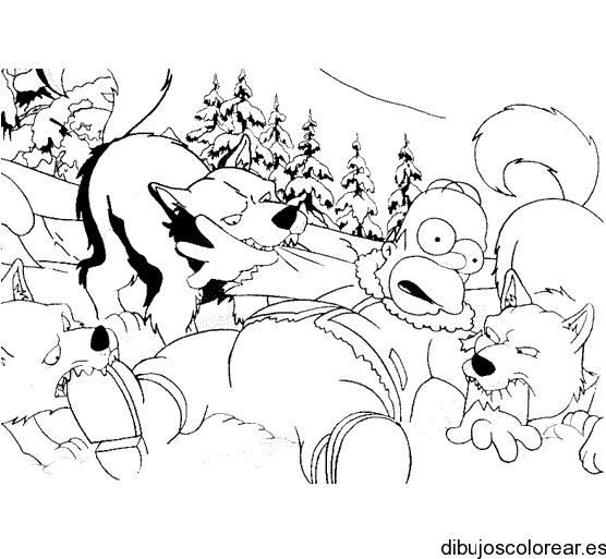 Dibujo de lobos mordiendo a Homero Simpson para colorear