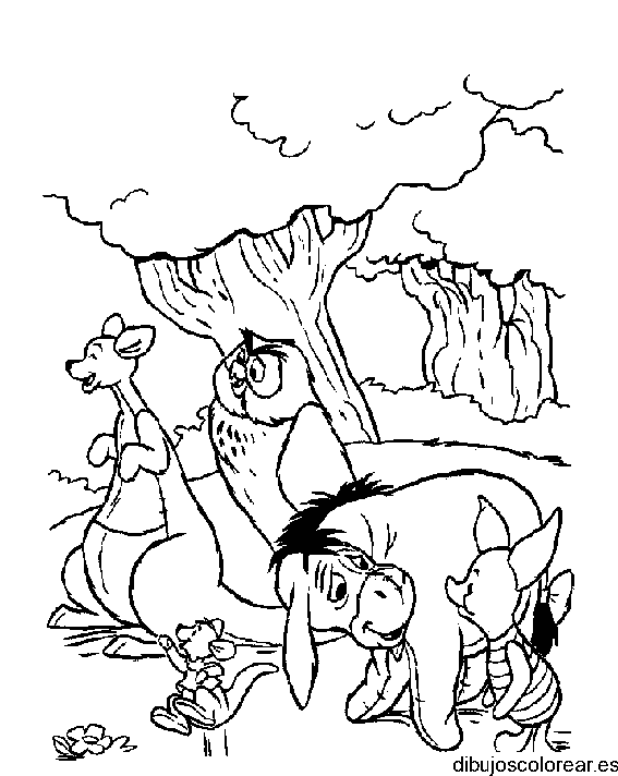 Dibujo de los amigos de Winnie Poh en el bosque para colorear