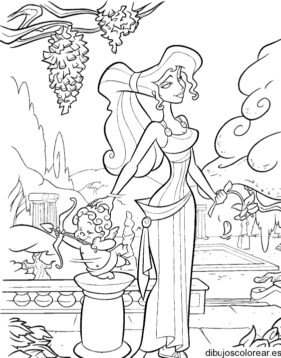 Dibujo de los personajes de Hercúles Meg y un ángel para colorear