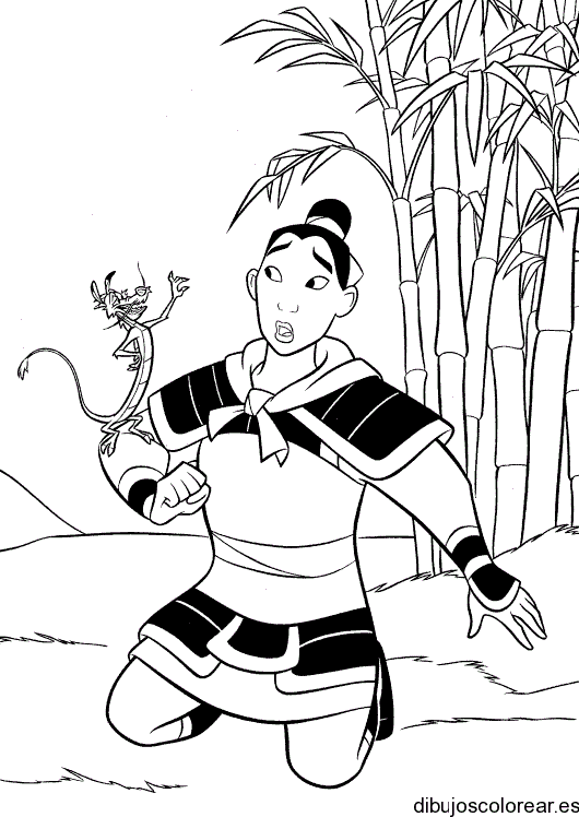 Dibujo de los personajes de Mulan Shang y el dragón Mushu para colorear