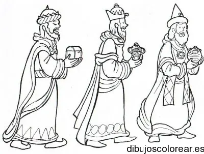 Dibujo de los tres reyes magos con regalos para colorear