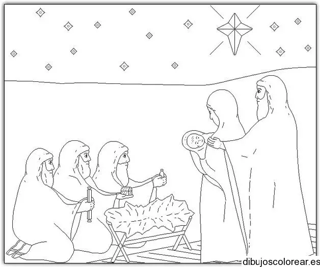 Dibujo de los tres reyes magos y Jesús para colorear