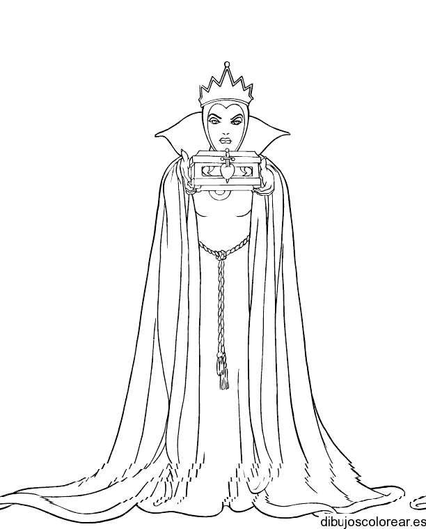 Dibujo de madrastra de Blancanieves con un cofre para colorear
