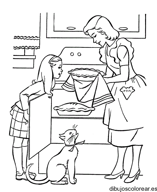 Dibujo de mamá e hija cocinando una tartita para colorear