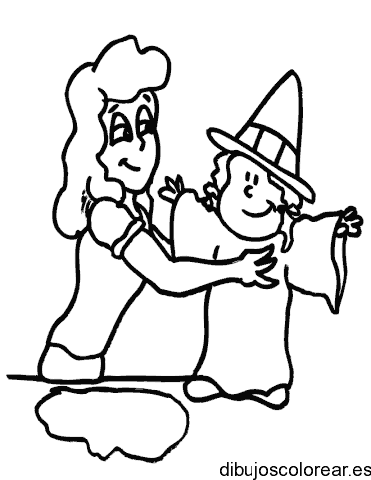 Dibujo de mamá y la niña vestida de bruja para colorear