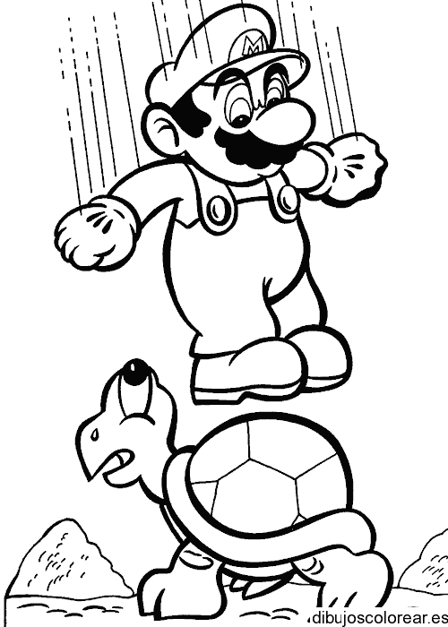 Dibujo de Mario Bros sobre una tortuga para colorear