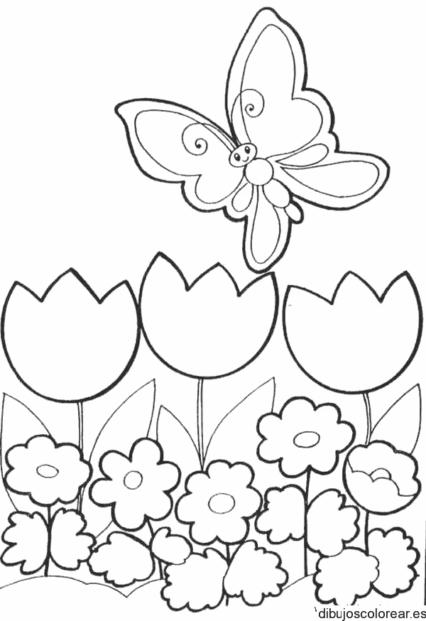 Dibujo de mariposa con tulipanes para colorear
