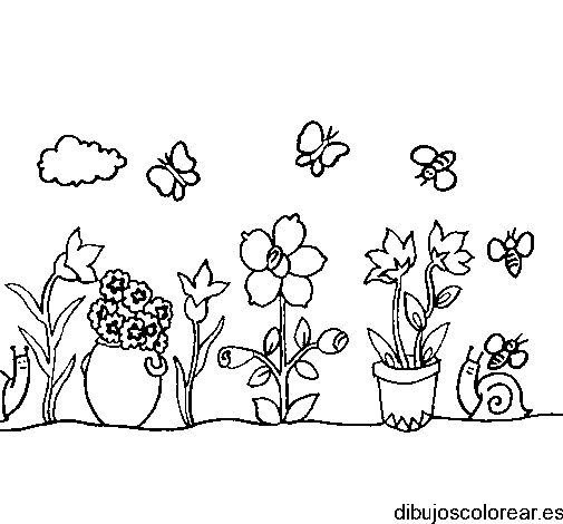 Dibujo de mariposas entre las flores para colorear
