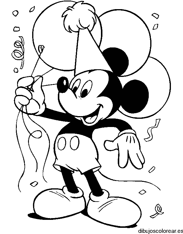 Dibujo de Mickey celebrando con globos para colorear