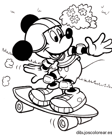 Dibujo de Mickey Mouse en monopatín en el parque para colorear