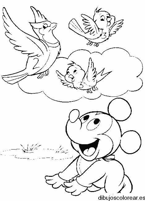Dibujo de Mickey Mouse y pájaros para colorear