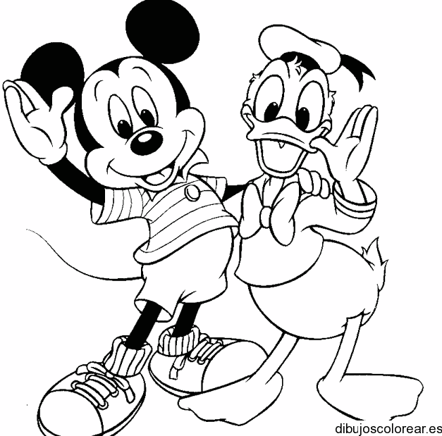 Dibujo de Mickey Mouse y pato Donald saludando para colorear