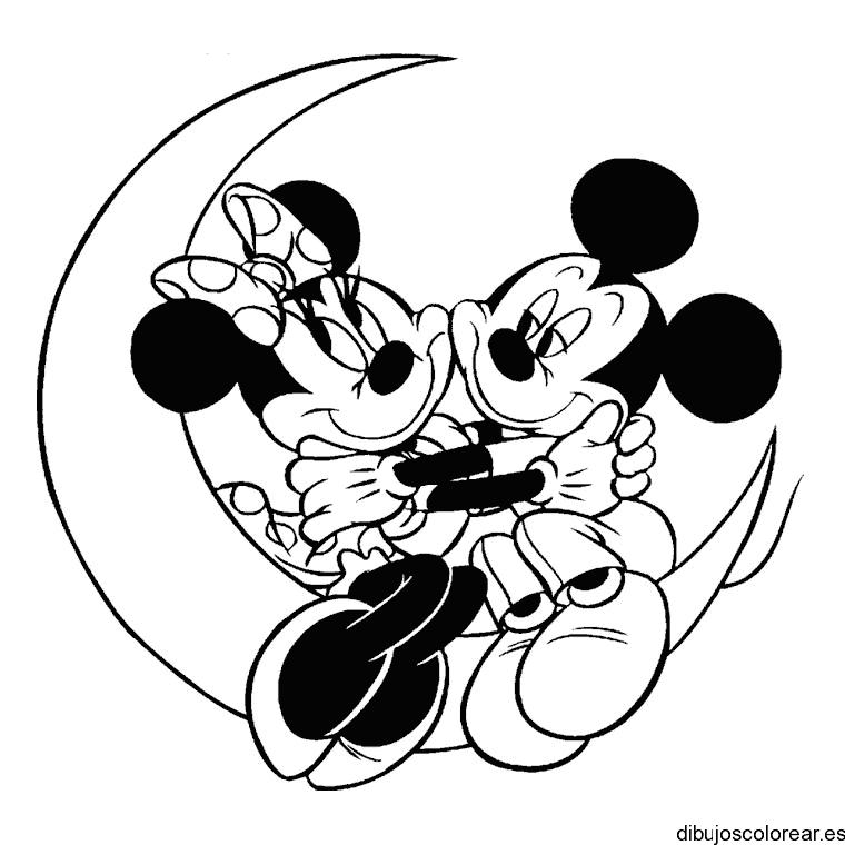 Dibujo de Mickey y Minnie abrazos en la luna para colorear
