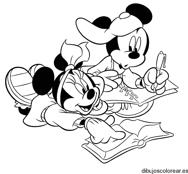 Dibujo de Mickey y Minnie haciendo la tarea para colorear