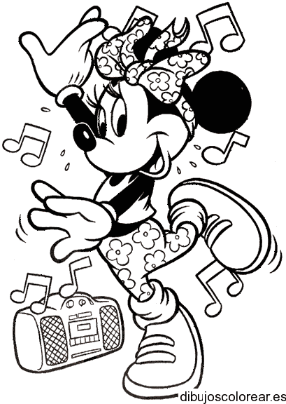 Dibujo de Minnie bailando y su radio para colorear