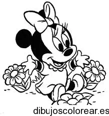 Dibujo de Minnie bebé entre las flores para colorear