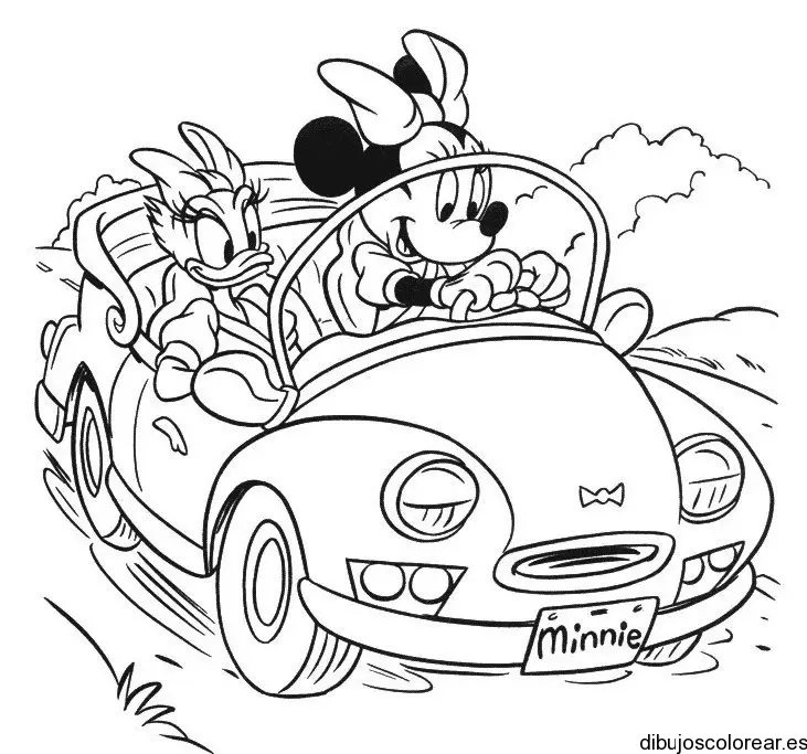 Dibujo de Minnie y Daisy en coche para colorear