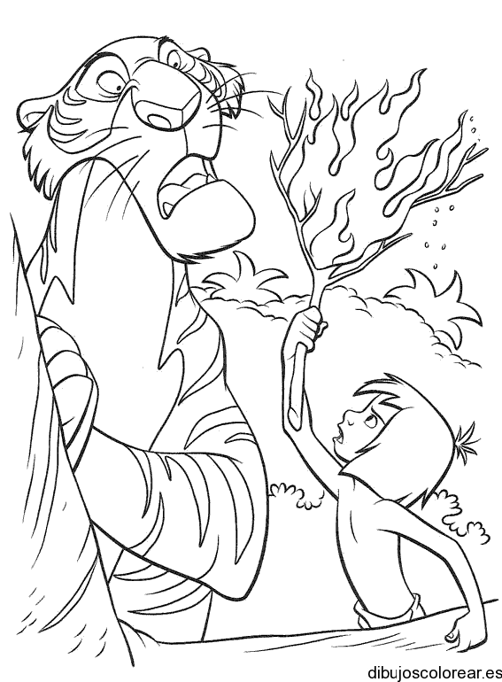 Dibujo de Mogly y un león para colorear