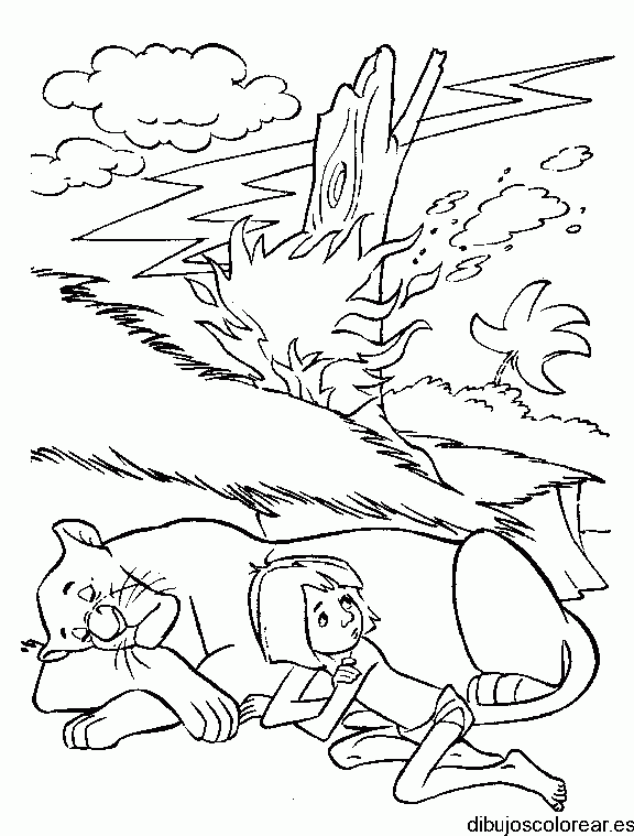 Dibujo de Mogwly y el león para colorear