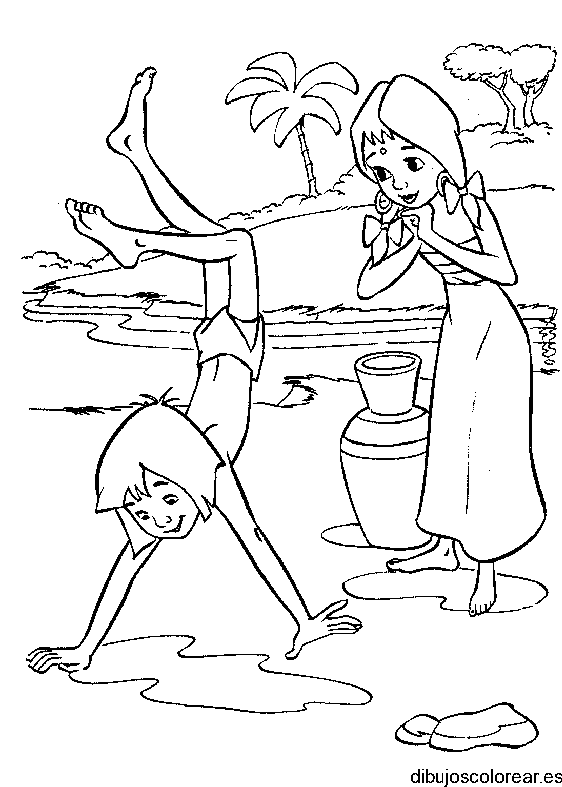 Dibujo de Mowgli haciendo acrobacias para colorear