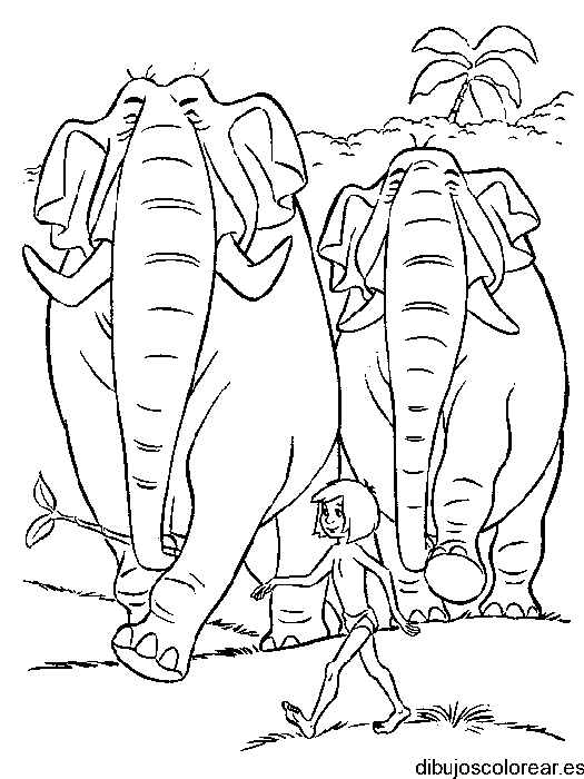 Dibujo de Mowgli y dos elefantes para colorear